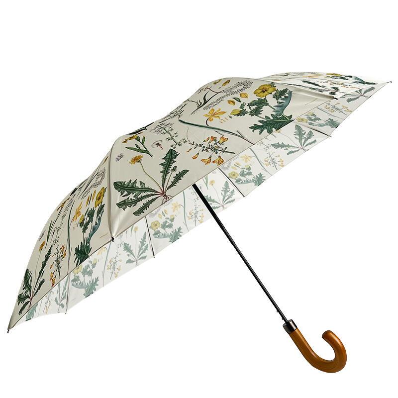 automaattinen sateenvarjo avattuna valkoisella taustalla sivulta nähtynä